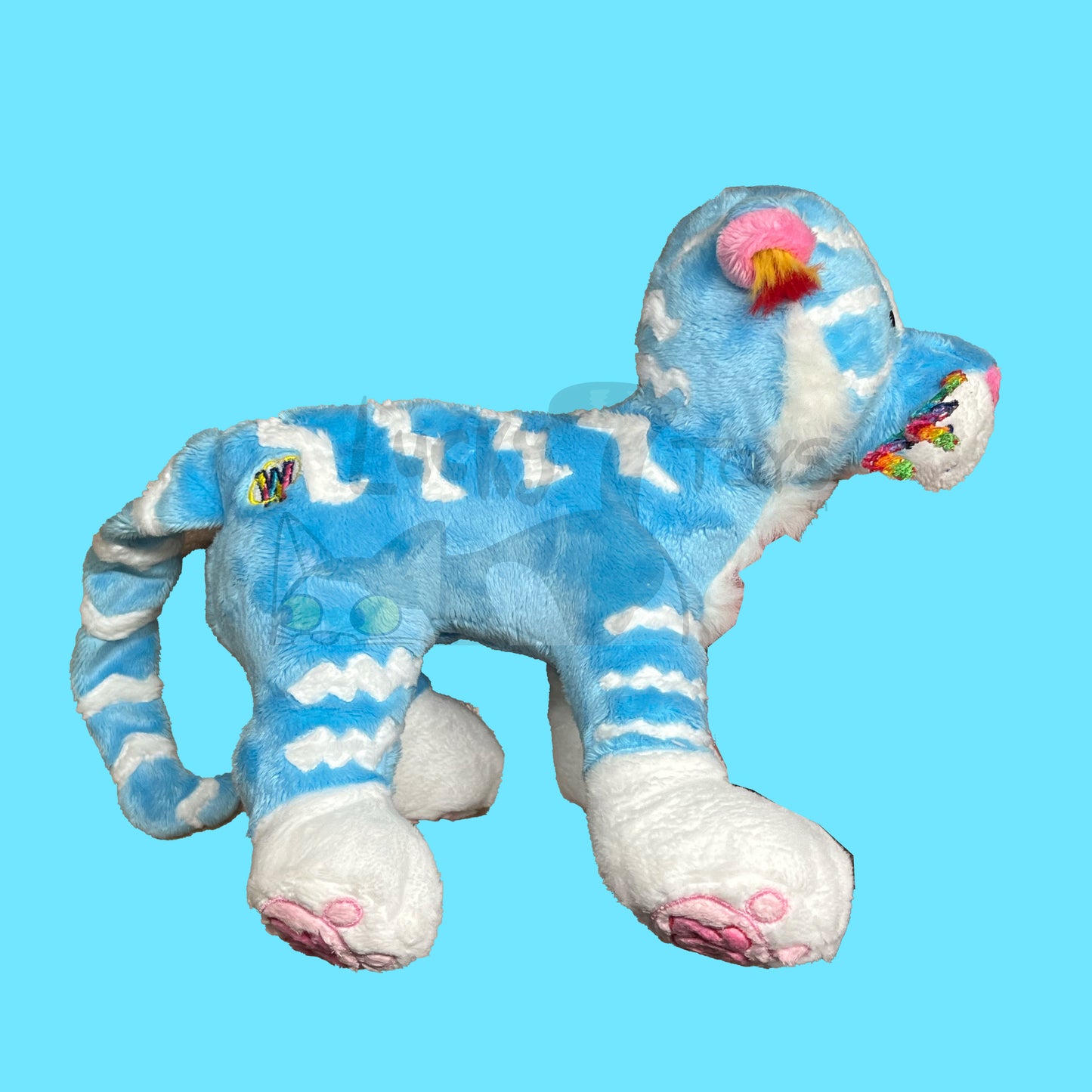 "20 Year Tiger" Webkinz Inspired Plush Blue and White Tiger with Rainbow Whiskers (Ships in 2-4 weeks)