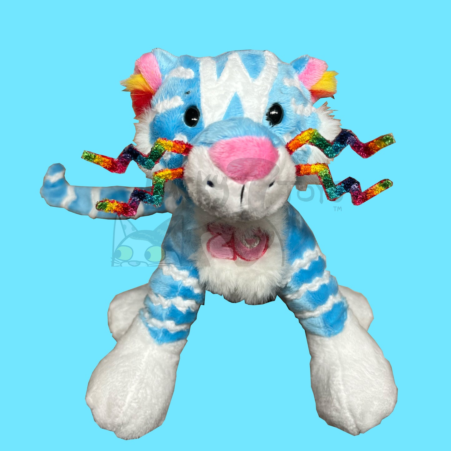 "20 Year Tiger" Webkinz Inspired Plush Blue and White Tiger with Rainbow Whiskers