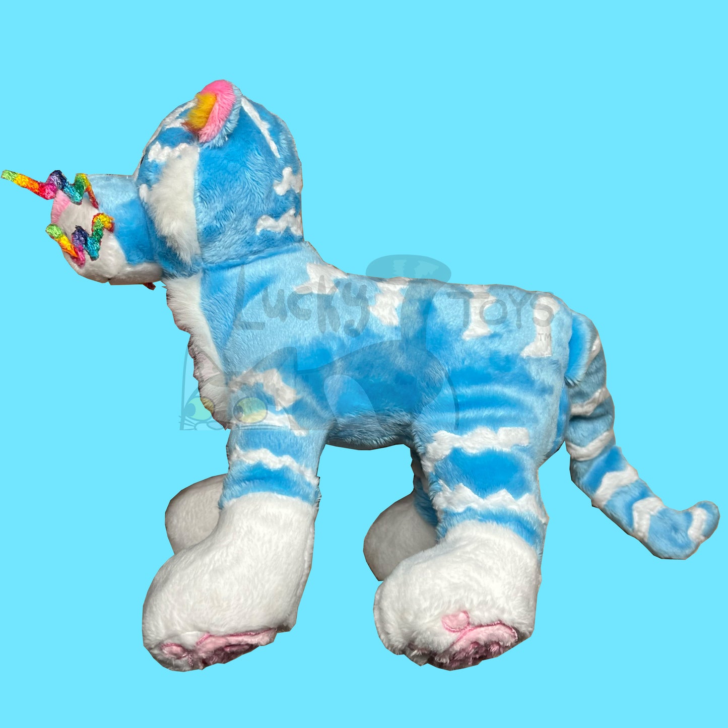 "20 Year Tiger" Webkinz Inspired Plush Blue and White Tiger with Rainbow Whiskers
