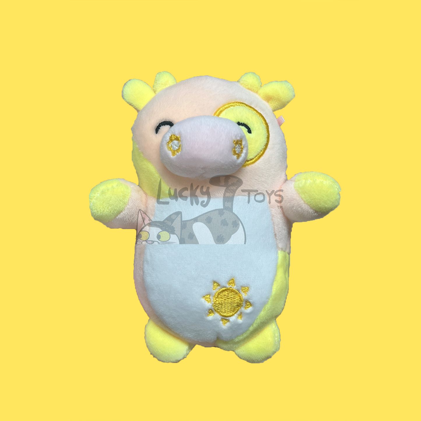 5" Squishy Yellow and Peach Sunny Spring Day Cow Plush with Flower Nostrils and Sun on Belly (Pre-Made Clearance)