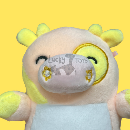 5" Squishy Yellow and Peach Sunny Spring Day Cow Plush with Flower Nostrils and Sun on Belly (Pre-Made Clearance)